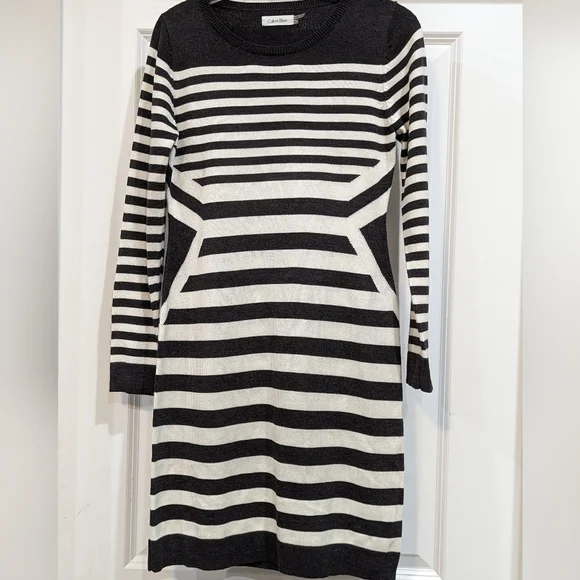 Calvin Klein Long Sleeve Black and White Striped Sweater Dress - Picture 3 of 6